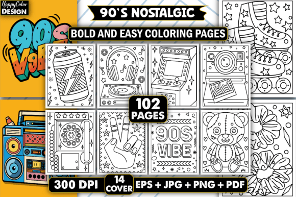 Download 90's Nostalgic Bold &amp; Easy Coloring Book - Color Collection