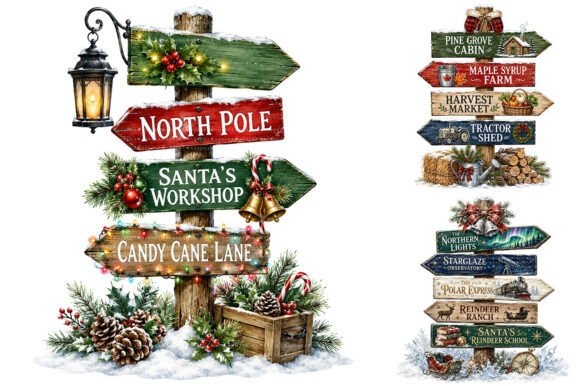 Download Watercolor Christmas Signpost PNG Bundle - Color Collection