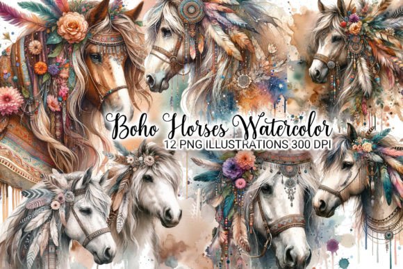 Download Boho Horses Watercolor 12 PNG Bundle - Color Collection