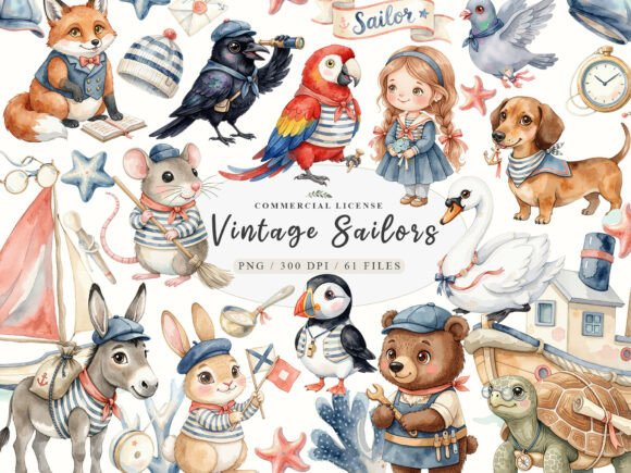 Download Watercolor Cute Vintage Sailor Animals - Color Collection