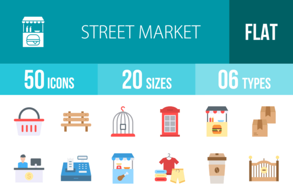 Download 50 Street Market Flat Multicolor Icons - Color Collection