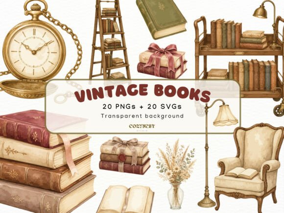 Download Vintage Books Watercolor Clipart PNG SVG - Color Collection